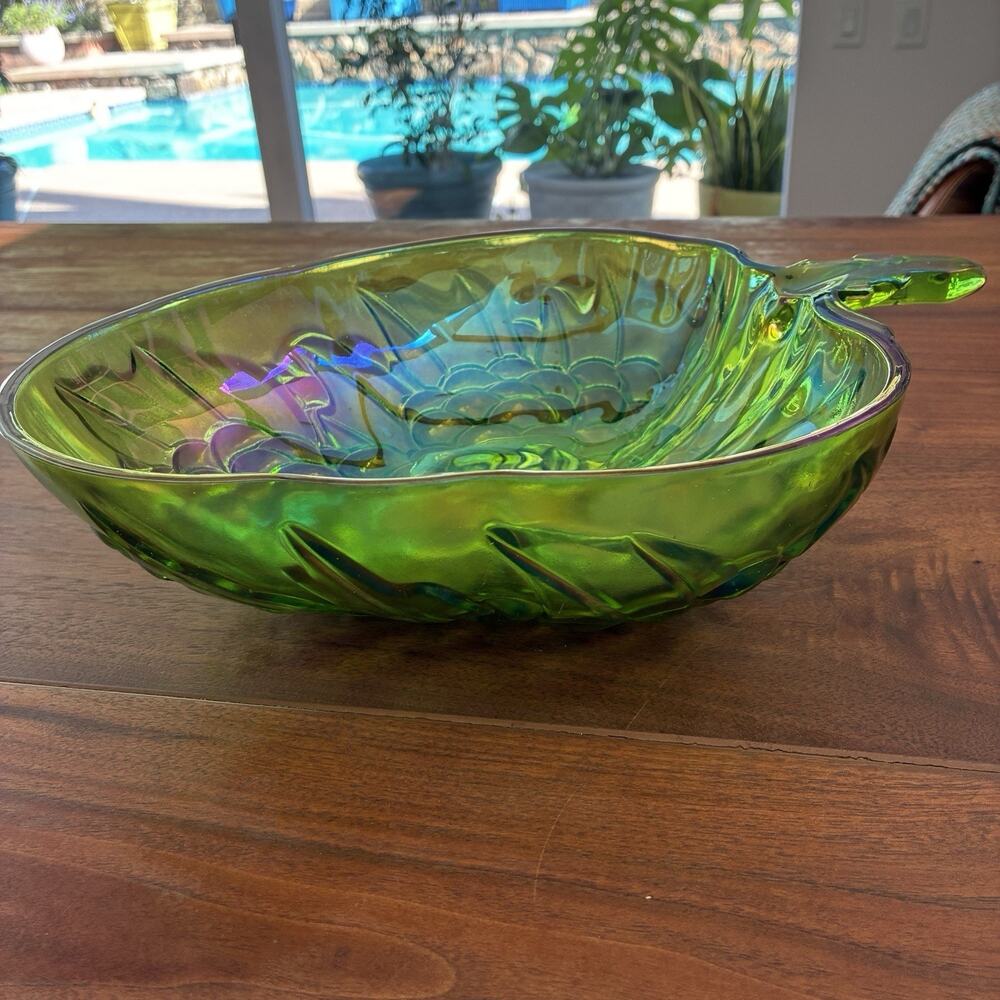Vintage Indiana Carnival Glass Green Iridescent Harvest Grape Bowl
